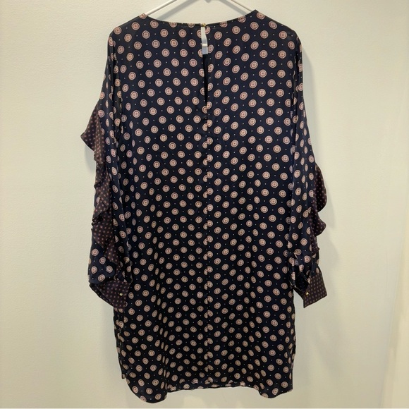 Banana Republic 100% Silk Foulard Long Sleeve Shift Mini Dress Blue Red Ruffle - Picture 11 of 15